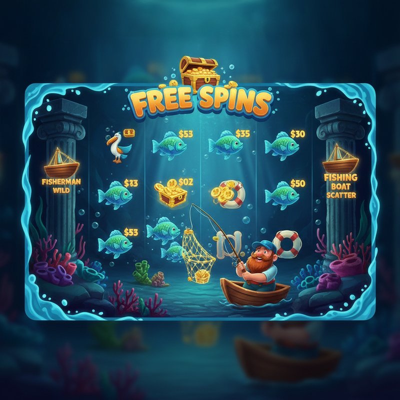 Fishin Frenzy free games feature with fisherman wild catching fish prize values on screen