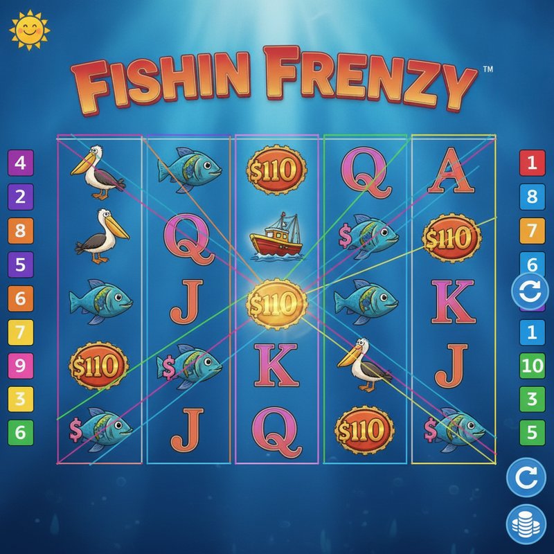 Fishin Frenzy gameplay showing coloured paylines across the five reel three row grid