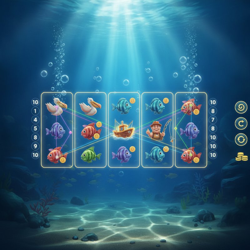 Fishin Frenzy slot main game screen showing underwater ocean reels with pelican and boat scatter symbols