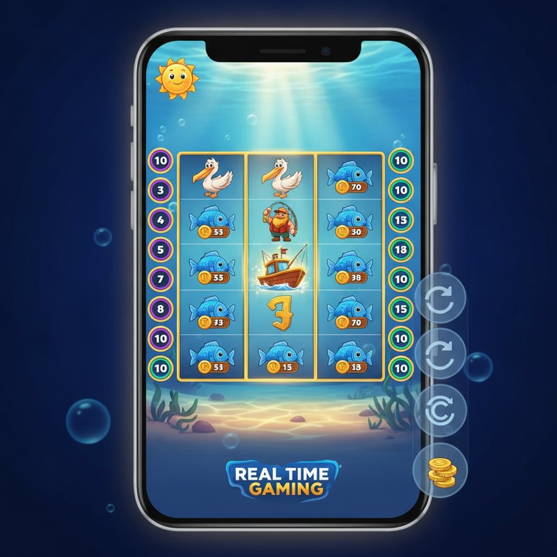 Fishin Frenzy slot running on a mobile device with ocean background and Real Time Gaming logo