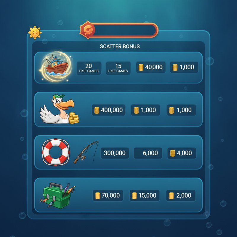 Fishin Frenzy paytable displaying pelican, fishing rod, life preserver and tackle box symbol payouts
